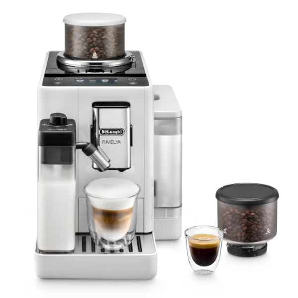 De'Longhi Rivelia EXAM440.55.W – Machine à Café Automatique à Grains, 16 Recettes, Carafe à Lait, Écran Tactile, Blanc
