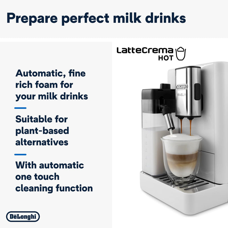 De'Longhi Rivelia EXAM440.55.W – Machine à Café Automatique à Grains, 16 Recettes, Carafe à Lait, Écran Tactile, Blanc