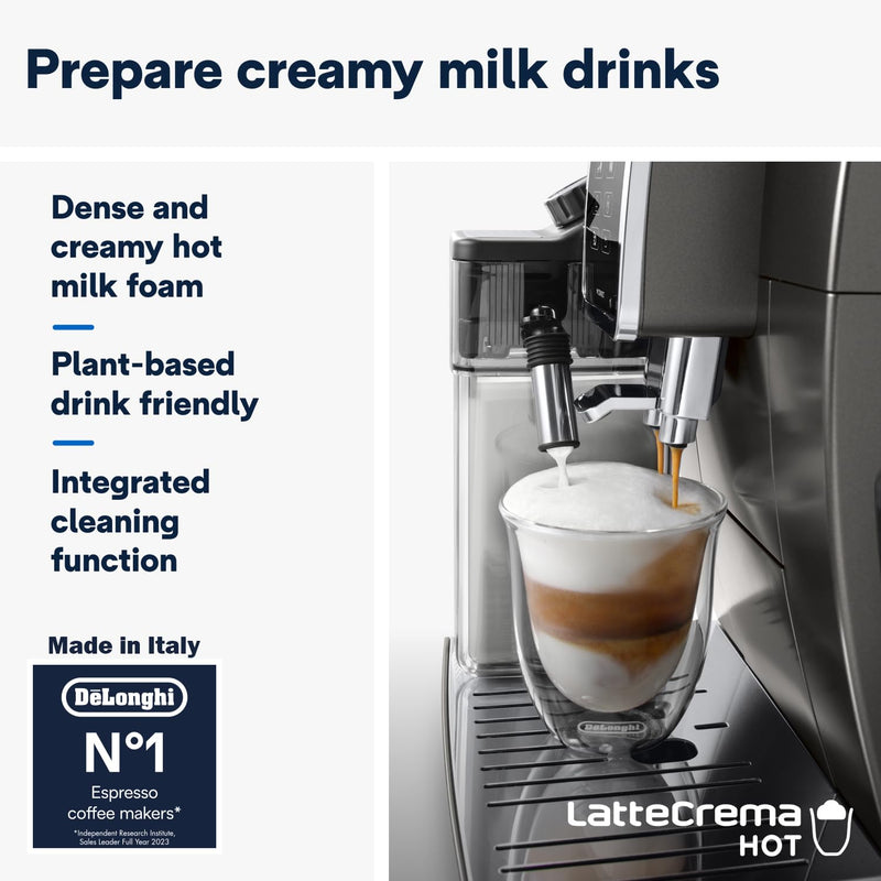 De'Longhi Dinamica Plus ECAM370.95.T – Machine à Café à Grains avec Mousseur à Lait, Cappuccino & Espresso, Écran TFT 3,5", Contrôle App, 1450W, Titan