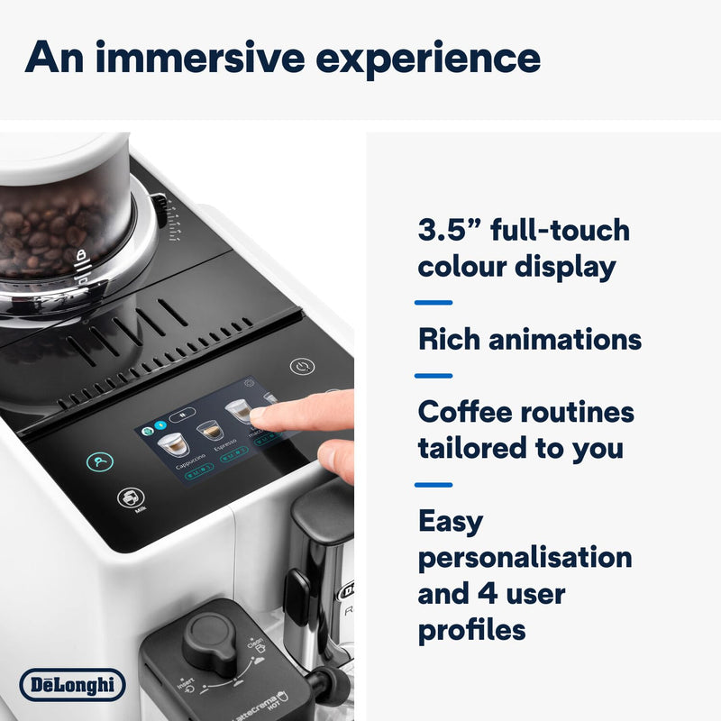 De'Longhi Rivelia EXAM440.55.W – Machine à Café Automatique à Grains, 16 Recettes, Carafe à Lait, Écran Tactile, Blanc