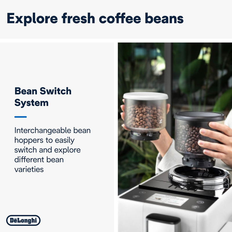 De'Longhi Rivelia EXAM440.55.W – Machine à Café Automatique à Grains, 16 Recettes, Carafe à Lait, Écran Tactile, Blanc